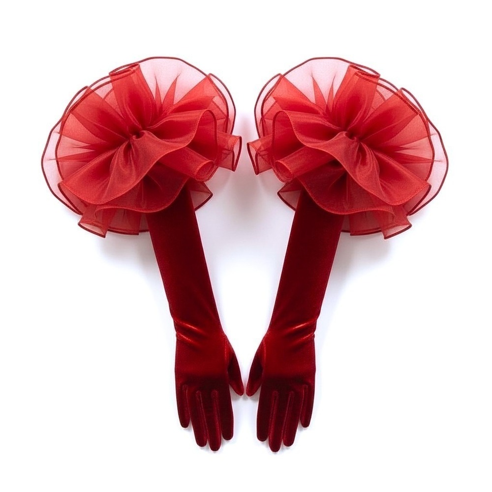 New Red Velvet Opera‎ Evening Gloves Large Tulle Puffs Vintage Style Long Formal